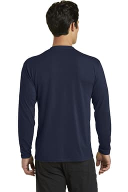A long sleeve performance blend tee in navy, featuring a back view of the shirt. It has a small logo near the neckline.