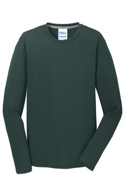 A long sleeve performance blend tee in dark green, featuring a logo on the label.