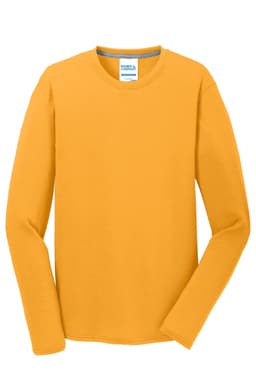 A long sleeve performance blend tee in bright yellow with a label and a simple design.