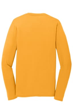 A long sleeve performance blend tee in a vibrant yellow colour, featuring a simple design and a logo.