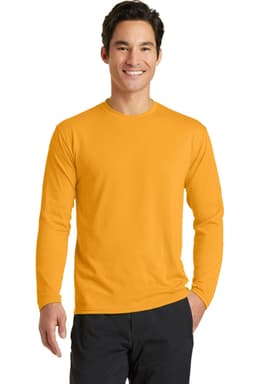 A man wearing a long sleeve performance blend tee in vibrant yellow, featuring a logo on the chest.