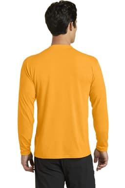 A long sleeve performance blend tee in bright orange, featuring a logo on the back.