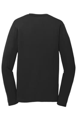 A black long sleeve performance blend tee with a plain back. The shirt features a logo.