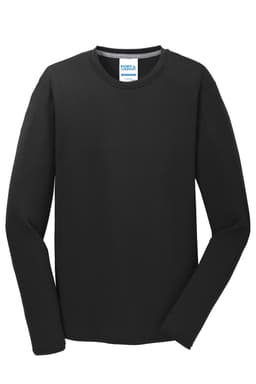 A black long sleeve performance blend tee with a label and a logo. Suitable for casual wear.