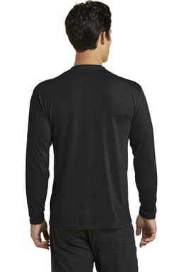 A black long sleeve performance blend tee featuring a simple design and a logo on the back.