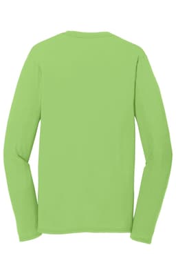 A long sleeve performance blend tee in bright green, featuring a simple design and no visible branding on the back.