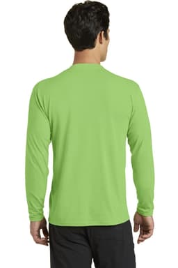 A long sleeve performance blend tee in vibrant green, featuring a logo, viewed from the back.