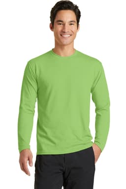 A long sleeve performance blend tee in bright green, featuring a logo on the front.