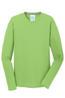 A long sleeve performance blend tee in bright green, featuring a logo on the label.