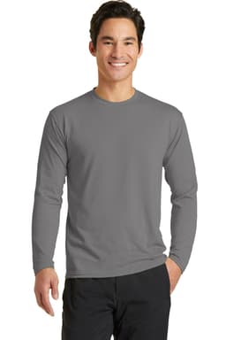 A long sleeve performance blend tee in grey, displayed on a model with a logo on the garment.