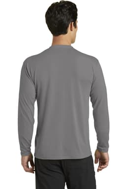A long sleeve performance blend tee in grey, featuring a back view and a simple design. It includes a logo.
