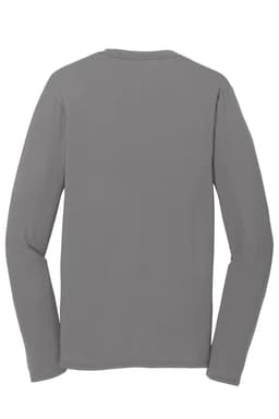 A grey long sleeve performance blend tee with a seamless back design and one logo visible.
