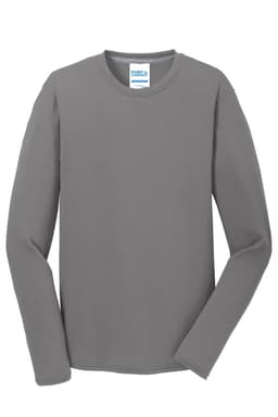 A grey long sleeve performance blend tee with a logo on the label.