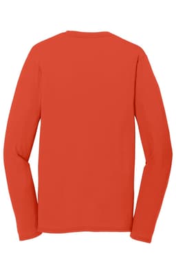 A long sleeve performance blend tee in vibrant red, featuring a plain back and a logo.
