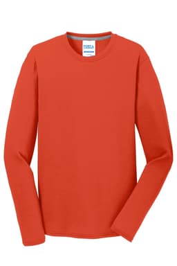 A long sleeve performance blend tee in bright red with a logo on the neckline.