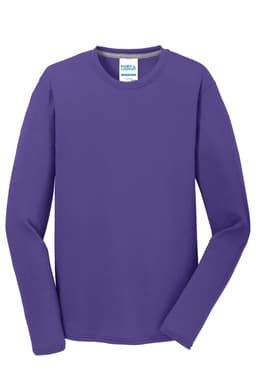 A purple long sleeve performance blend tee with a standard crew neckline and a logo on the label.