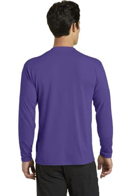 A long sleeve performance blend tee in purple, featuring a sleek design and a logo on the back.