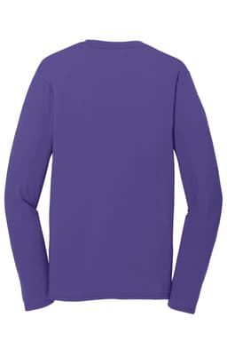 A long sleeve performance blend tee in a vibrant purple colour, featuring a logo on the back.