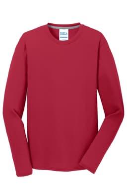 A red long sleeve performance blend tee with a tag inside and a small logo.