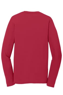 A red long sleeve performance blend tee with a simple design and a logo. Ideal for casual wear.