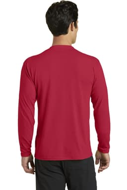 A long sleeve performance blend tee in a vibrant red colour, featuring a logo on the back.