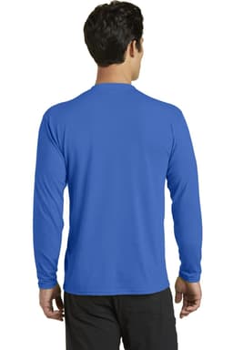 A back view of a long sleeve performance blend tee in bright blue, featuring a logo.