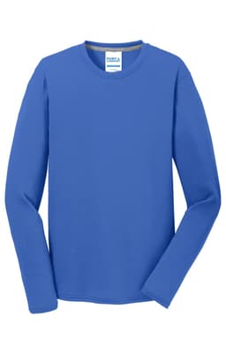 A blue long sleeve performance blend tee with a logo on the neckline.