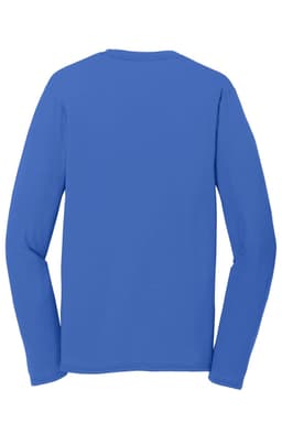 A long sleeve performance blend tee in a vibrant blue colour, featuring a logo on the back.
