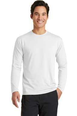 A long sleeve white performance blend tee worn by a smiling man, with a logo on the shirt.