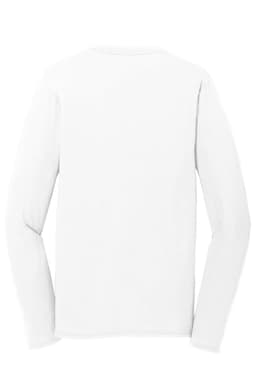 A long sleeve performance blend tee in white, featuring a simple design and a logo.