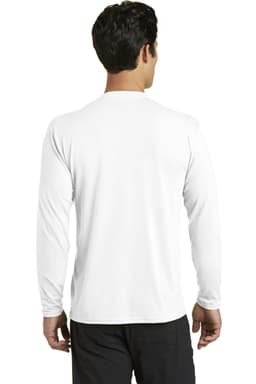 A long sleeve performance blend tee in white, featuring a logo, viewed from the back.