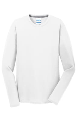A white long sleeve performance blend tee featuring a logo. Suitable for casual wear and various activities.
