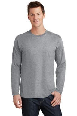 A grey long sleeve t-shirt worn by a man, featuring a round neck and a logo on the fabric.