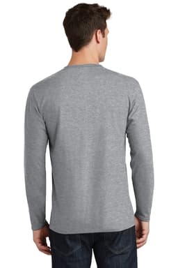 A man is wearing a grey long sleeve t-shirt, showcasing the back design without any visible logos.