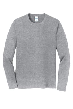 A light grey long sleeve T-shirt with a crew neck and a logo on the label.