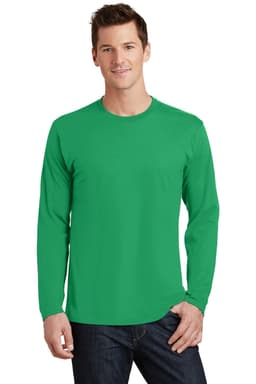 A long sleeve t-shirt in vibrant green worn by a male model, featuring a simple design and a logo.