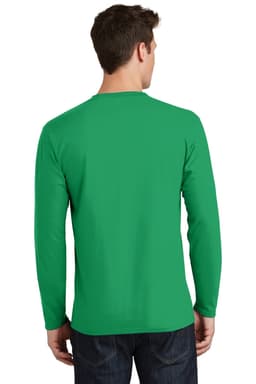 A man wearing a long-sleeve green T-shirt, viewed from the back, showcasing the shirt's vibrant colour and simplicity.