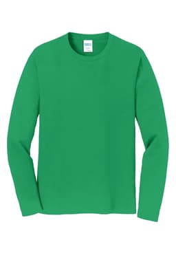 A green long sleeve t-shirt with a crew neck and a label on the inside. It features a branding logo.