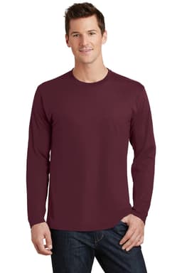 A long sleeve t-shirt in maroon, worn by a man standing against a neutral background. Features a logo on the shirt.