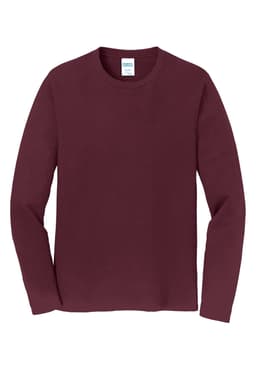 A long sleeve t-shirt in a deep maroon colour with a simple design and a brand logo on the label.