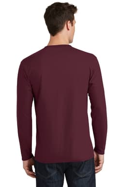 A maroon long sleeve tee displayed on a model from the back. The shirt has a logo on the upper back.