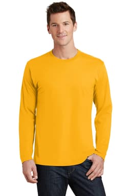 A long sleeve t-shirt in bright yellow, featuring a logo, worn by a man standing against a plain background.
