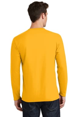 A man wearing a long sleeve t-shirt in bright yellow, viewed from the back. The shirt features a logo.