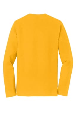 A long sleeve t-shirt in bright yellow, featuring a simple design and a logo on the back.