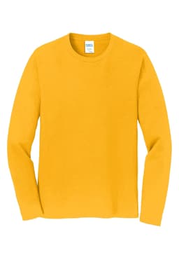 A long sleeve T-shirt in bright yellow, featuring a crew neck and straight fit. It has a logo on the label.
