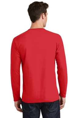 A long sleeve red t-shirt viewed from the back, featuring a simple design and a logo on the back.