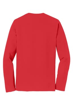 A red long sleeve t-shirt displayed from the back, featuring long sleeves and a plain design.