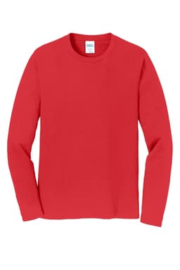 A red long sleeve t-shirt featuring a plain design and a brand label.