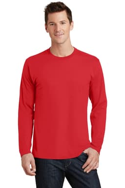 A red long sleeve T-shirt on a model, featuring a simple design and a logo on the front.