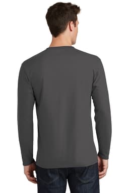 A man wearing a long sleeve grey T-shirt, viewed from the back, with casual denim jeans. The shirt has a logo.